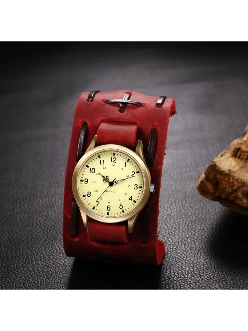 Unisex Red Analog Quartz Arabic Numerals Wide Leather Strap Vintage Wrist Watch - Picture 2 of 6